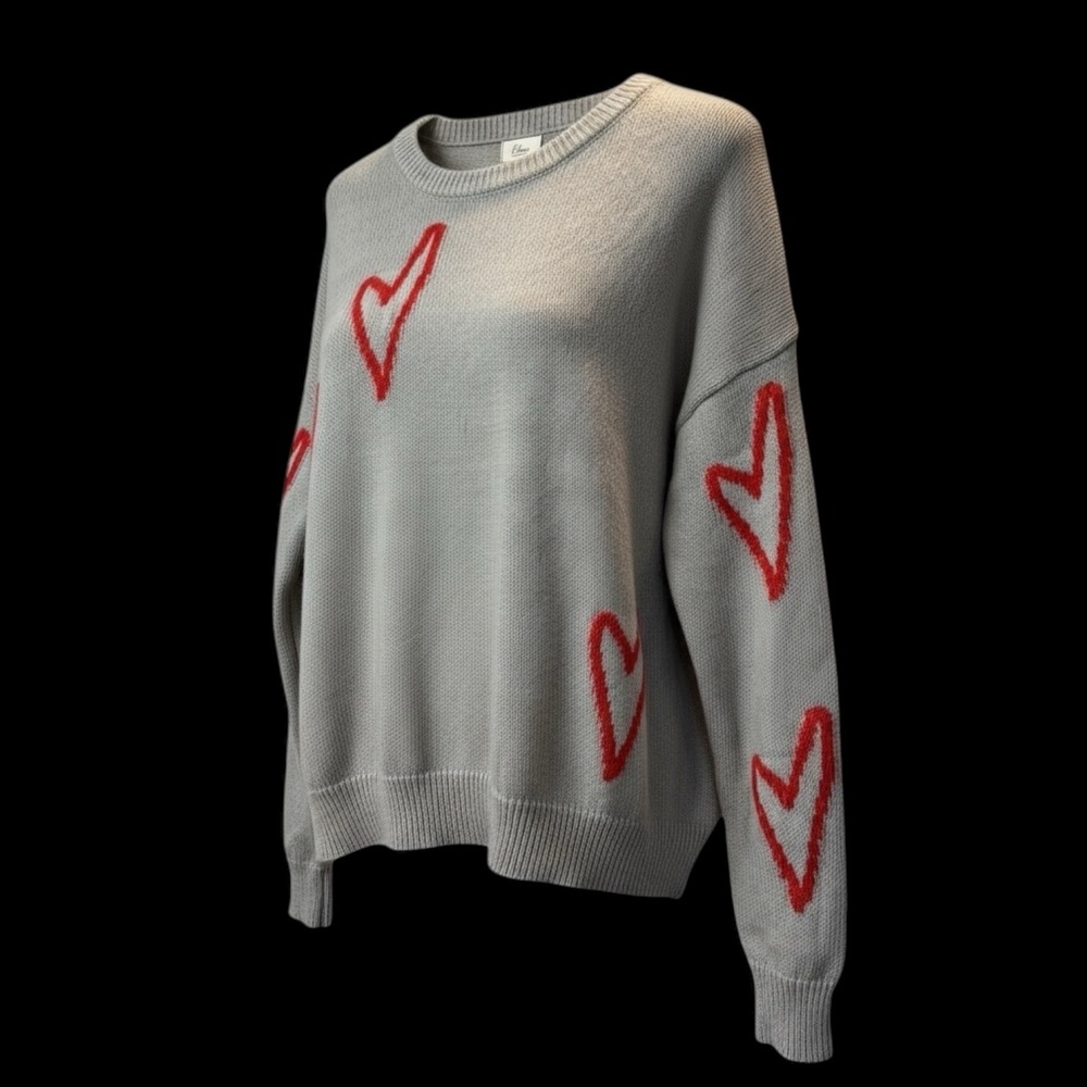 Elan Gray‎ Red Heart Print Knit Pullover Sweater Long Sleeve Casual Women XL #37